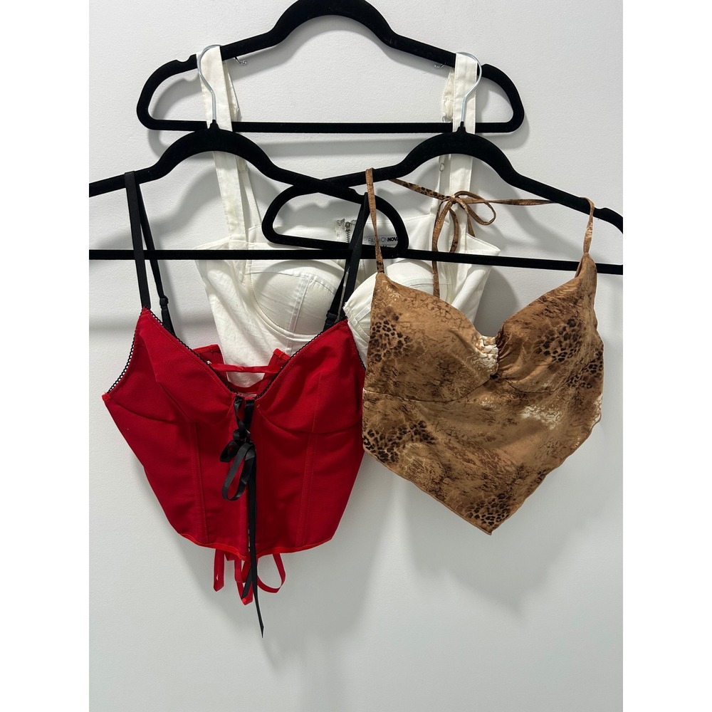 3pc Bundle Leopard Halter Red Lace Up Corset & White Bustier Top
size Medium